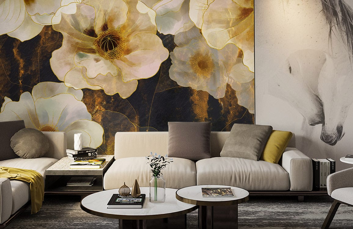 Luxurious cream and gold floral wallpaper in elegant living room with white sofas, modern round tables.