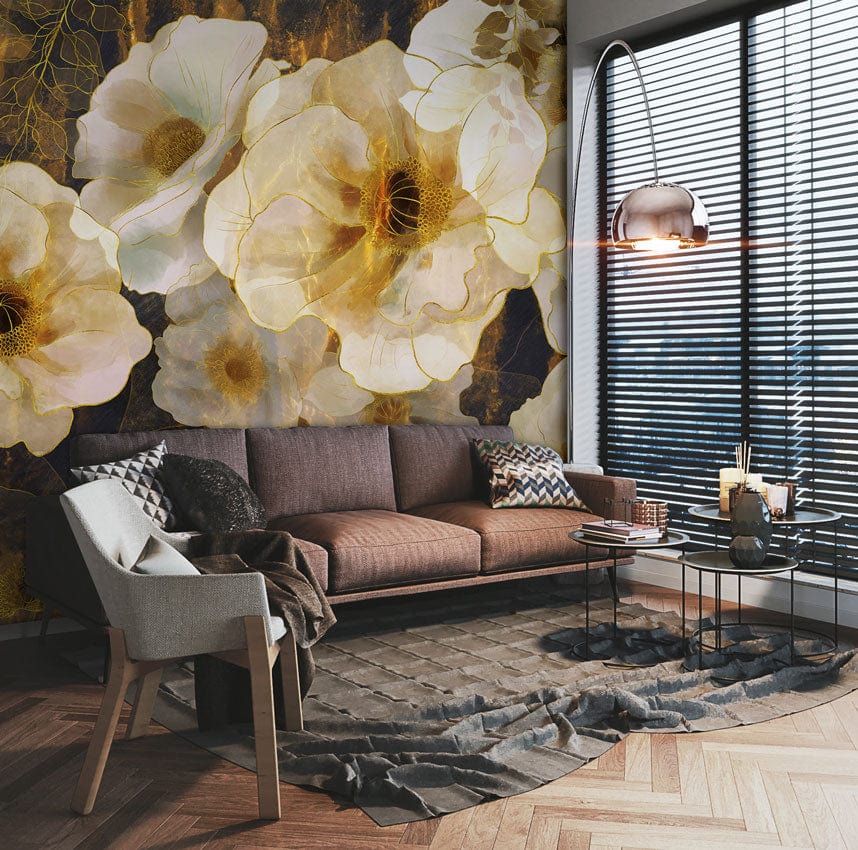 Golden Floral Elegance Mural Wallpaper in luxurious gold, cream design; modern living room with parquet flooring.