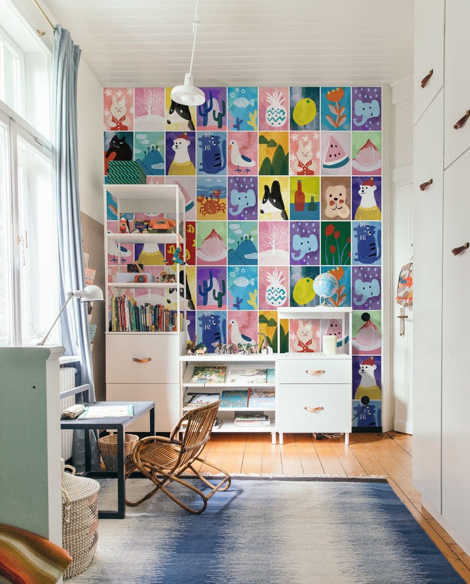 Colourful Animal Patchwork Pattern Wallpaper in children's room with white shelving, wooden floor, blue rug.