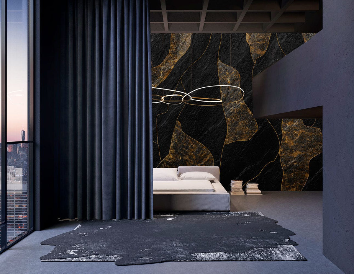 Luxurious wall mural in bedroom with grey sofa, dark curtains, and modern abstract design flooring.