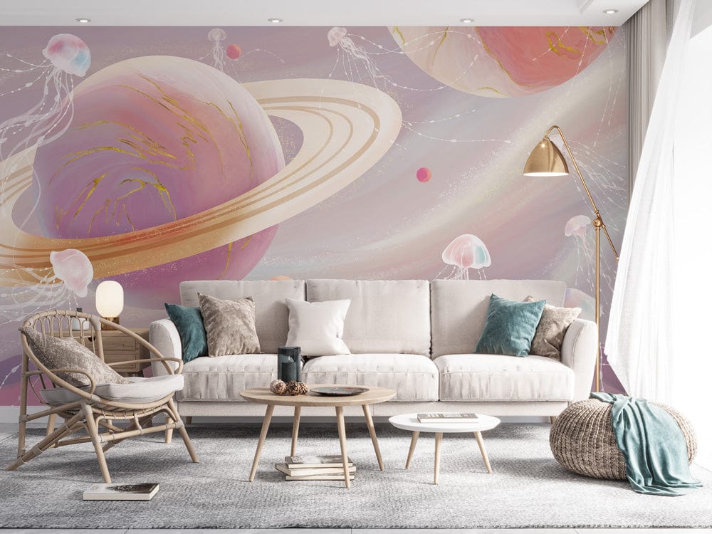 Ethereal pink jellyfish mural in living room with beige sofa, rattan chairs, and grey carpet.