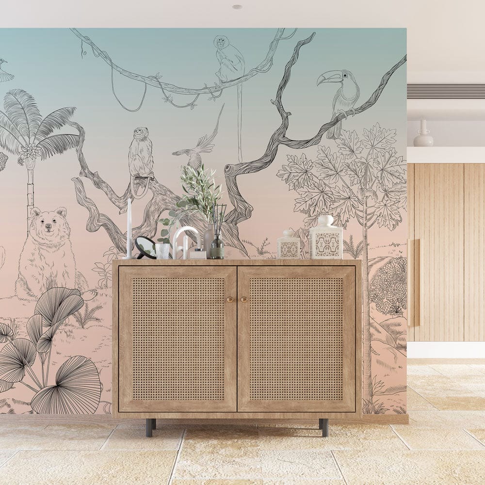 Vintage Safari Jungle Mural with Animals in Pastel Tones, wood cabinet, tiled flooring, modern room.