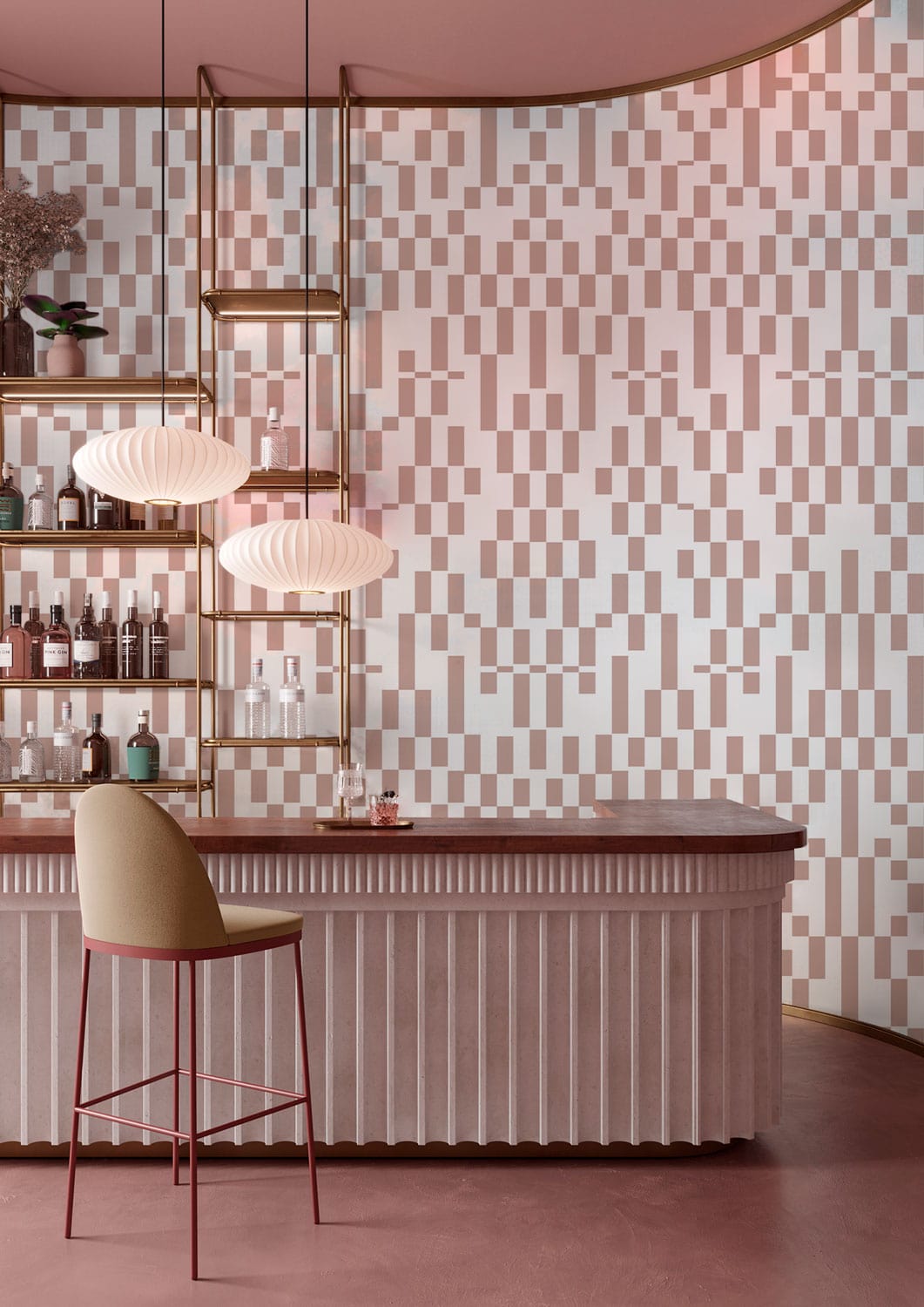 Elegant beige geometric wallpaper in contemporary bar setting with beige bar stool and pendant lights.