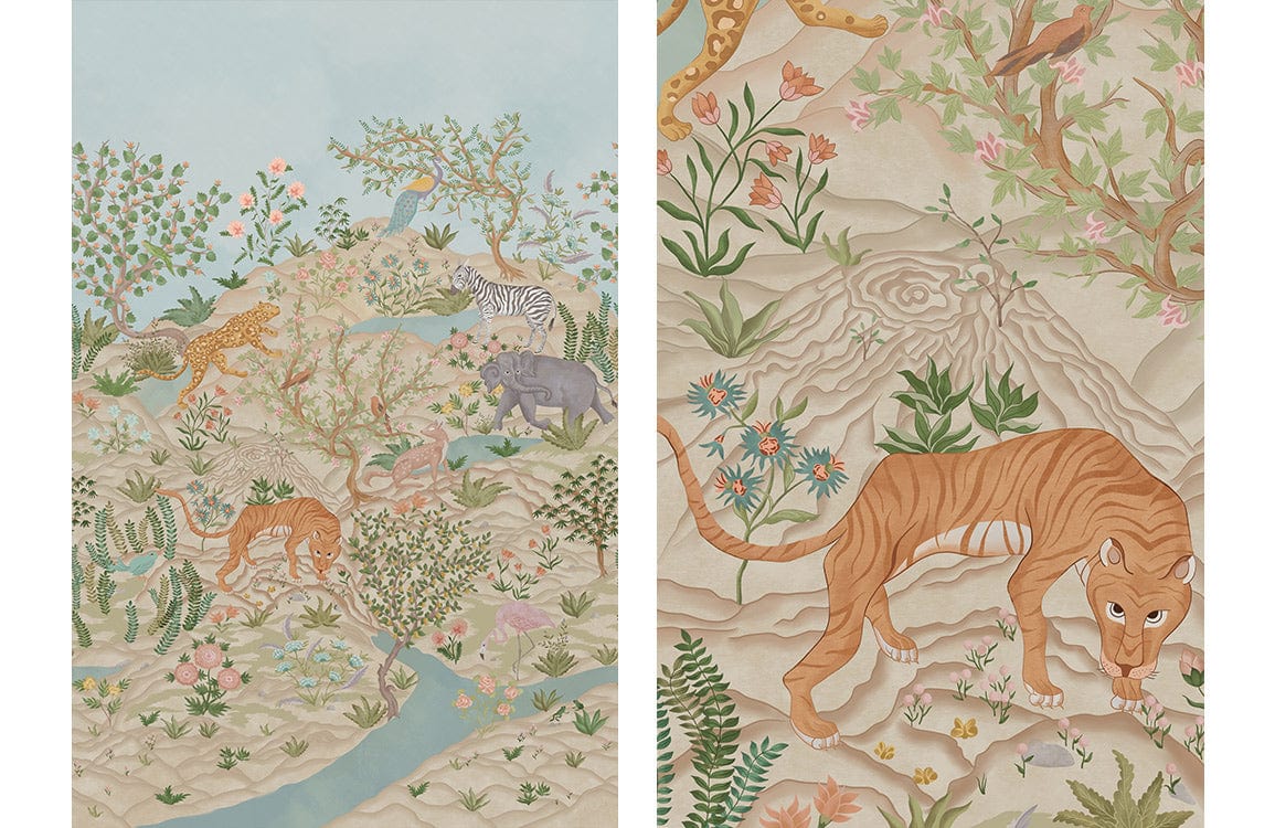 Exotic Jungle Safari Mural Wallpaper in Soft Pastel Tones and Nature Patterns