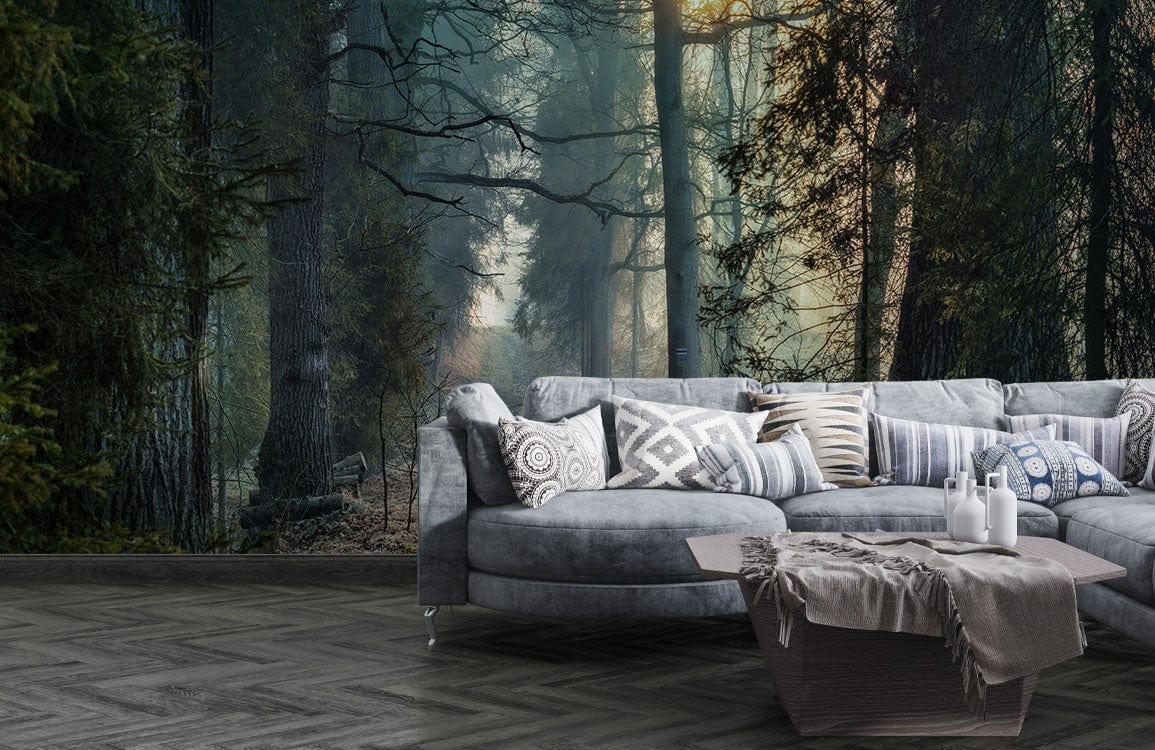 Wallpaper Mural for the Living Room Decor Featuring a Foggy Path Through the Woods