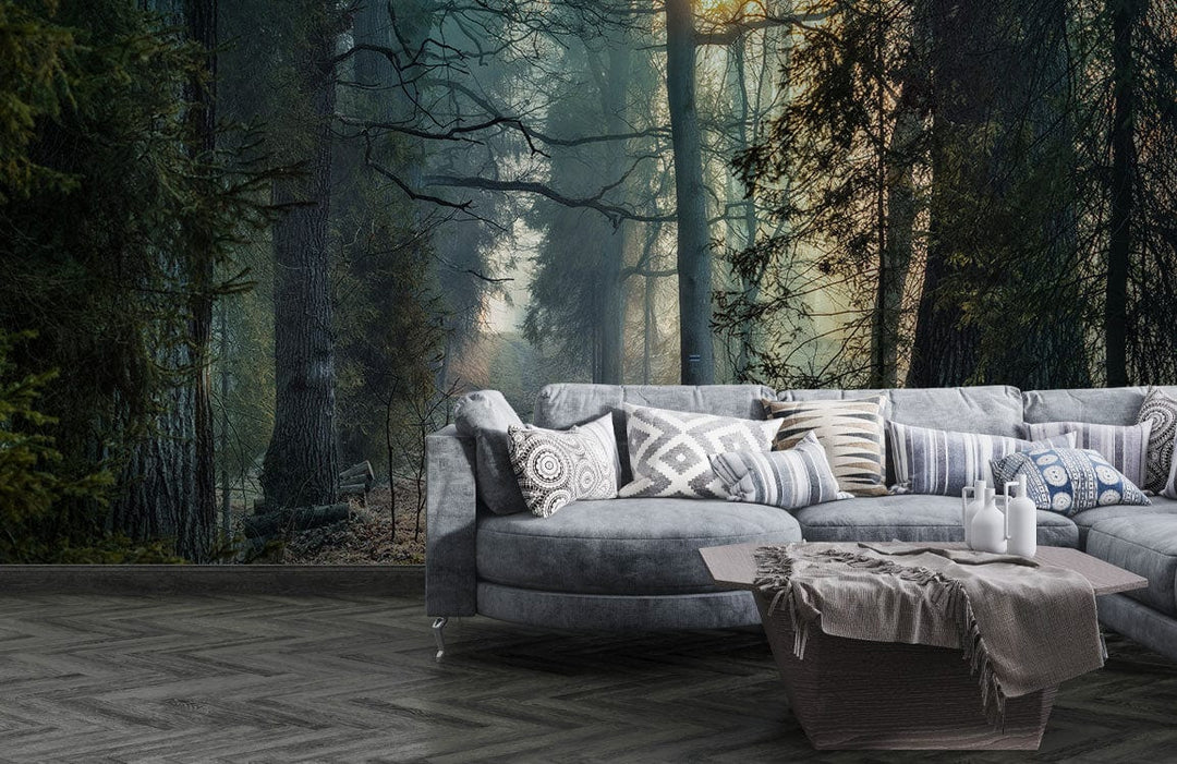 Mystical Forest Mural in Living Room, Grey Sofa, Patterned Cushions, Wooden Flooring, Sunlit Serenity.