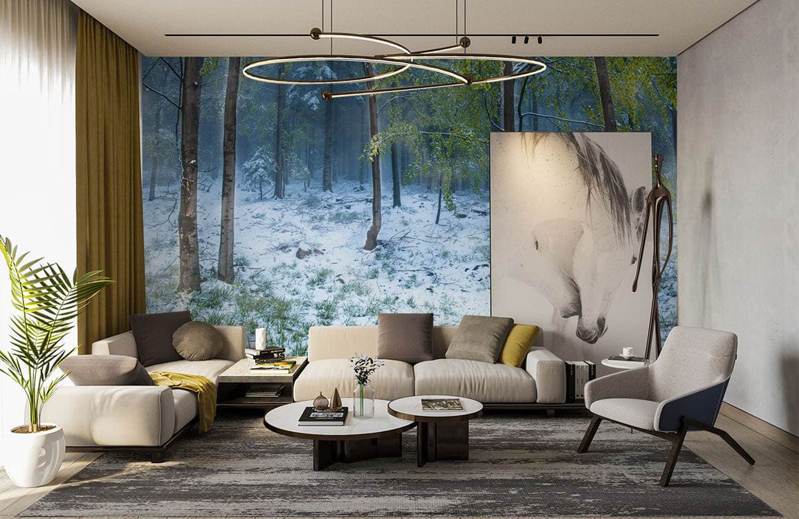 Wallpaper Mural for the Living Room Decor Featuring a White-covered Green Forest