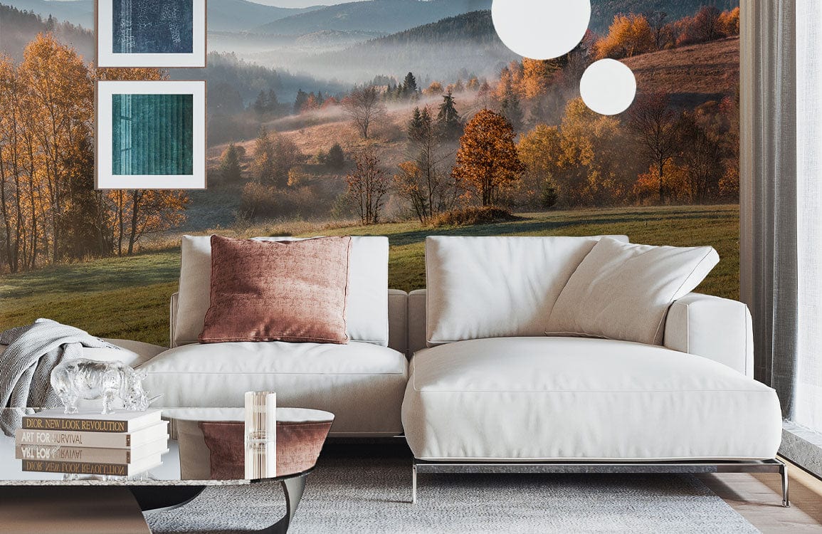 Autumn Morning Mist Landscape Wallpaper with white sofa, neutral rug, landscape art, modern room.