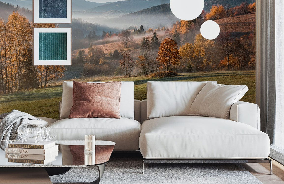 Autumn Morning Mist Landscape Wallpaper with white sofa, neutral rug, landscape art, modern room.
