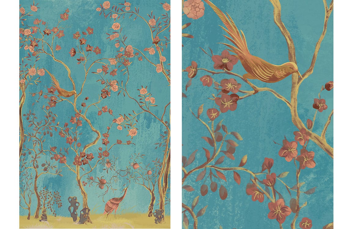 Elegant Teal Chinoiserie Wallpaper with Golden Flora and Birds Motif