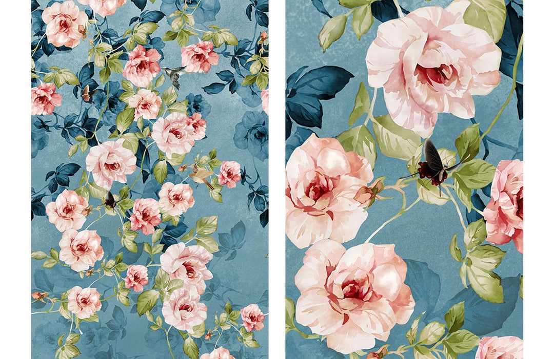 Vintage Floral Blossom Wallpaper: Blue-Pink Roses, Elegant Botanical Design