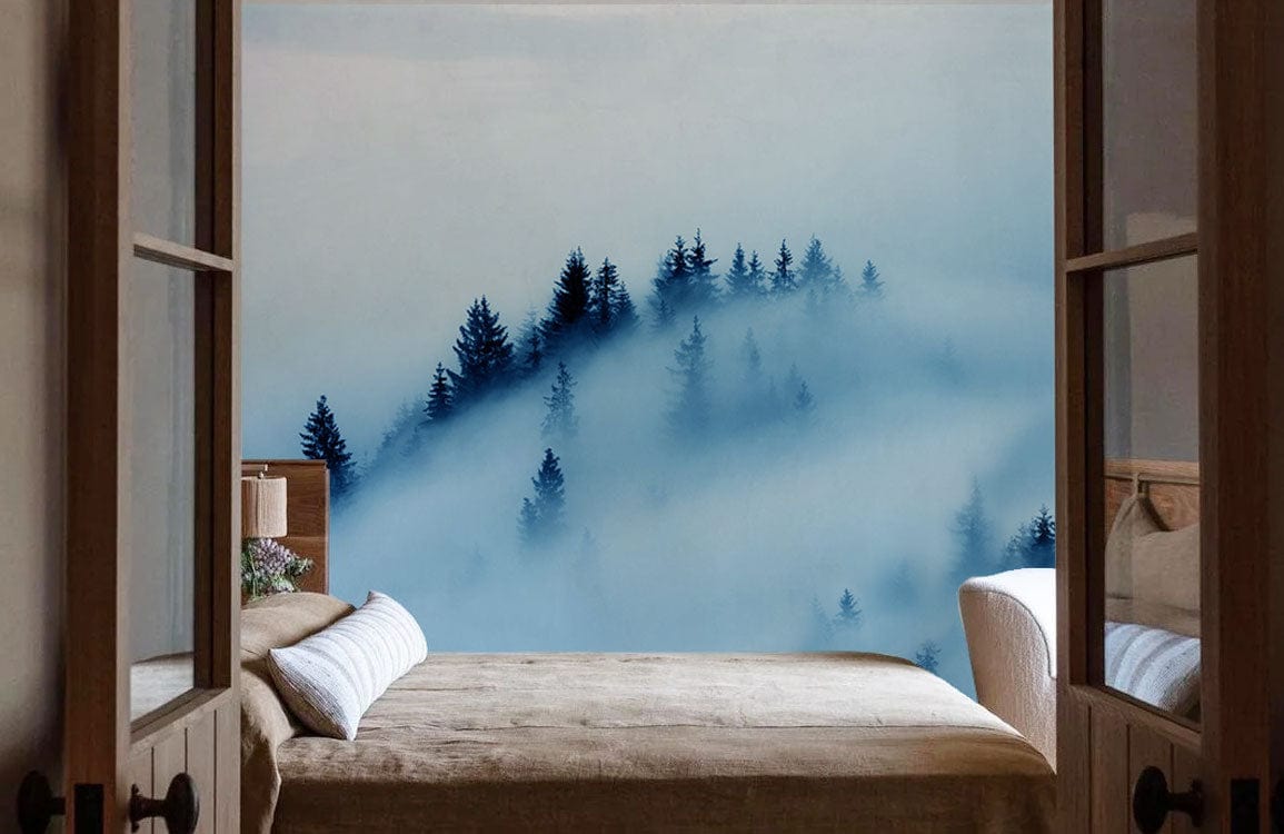 Pinus sylvestris in the midst of a dense fog, a lovely mural for a bedroom.