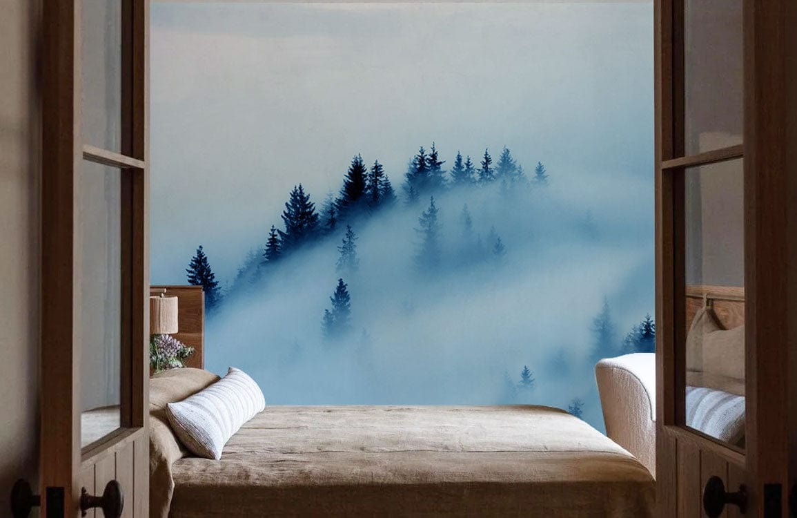 Serene Misty Forest Mural Wallpaper in bedroom with beige sofa, wooden flooring, light brown bedding.