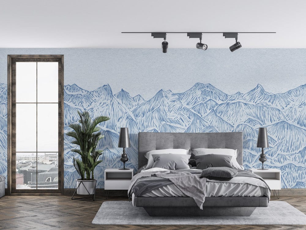Tranquil Blue Mountain Landscape Mural Wallpaper in bedroom with grey bed, wooden floor, and modern lighting.