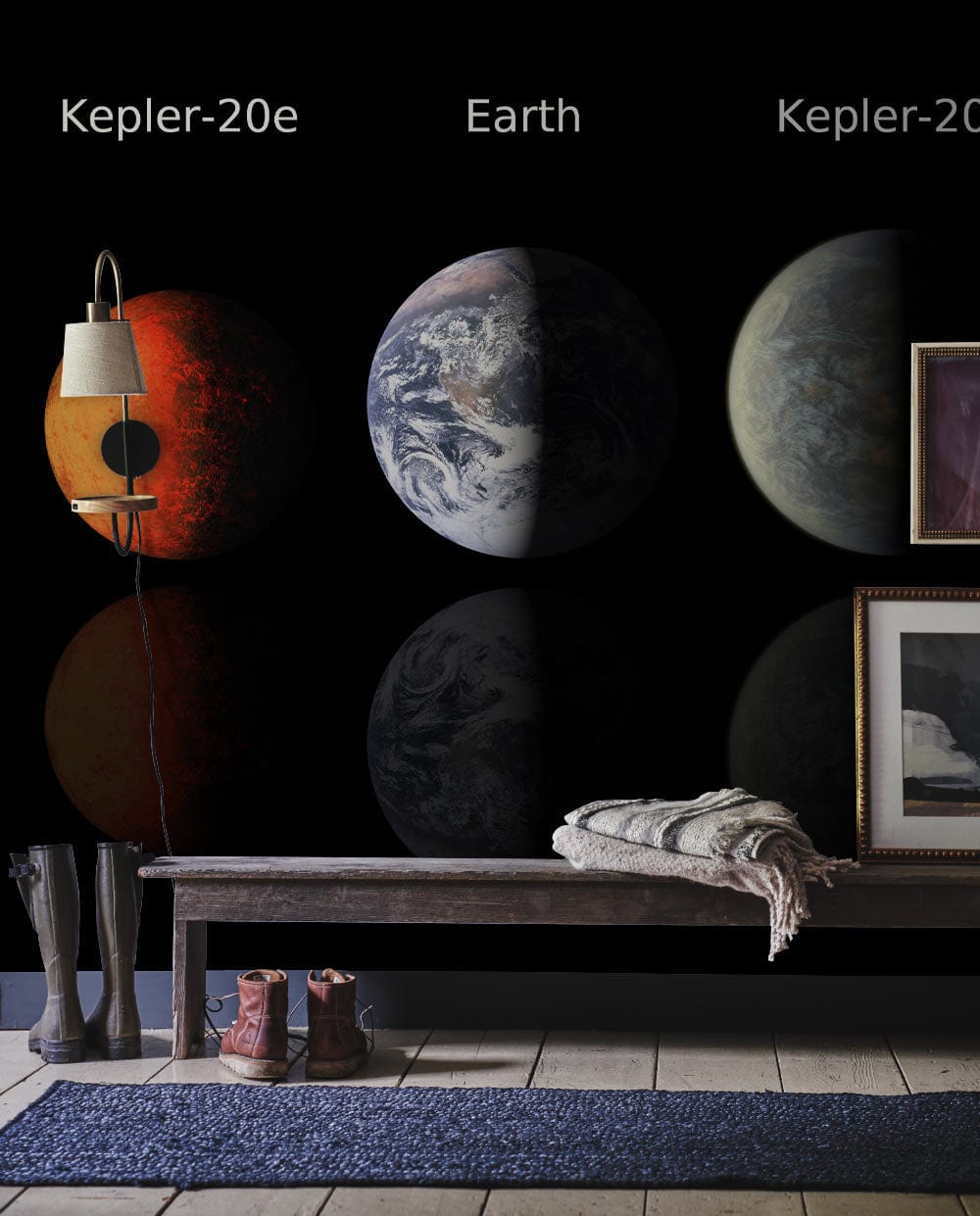 Celestial Planets Mural Wallpaper in living room, rustic bench, blue rug, celestial theme decor.
