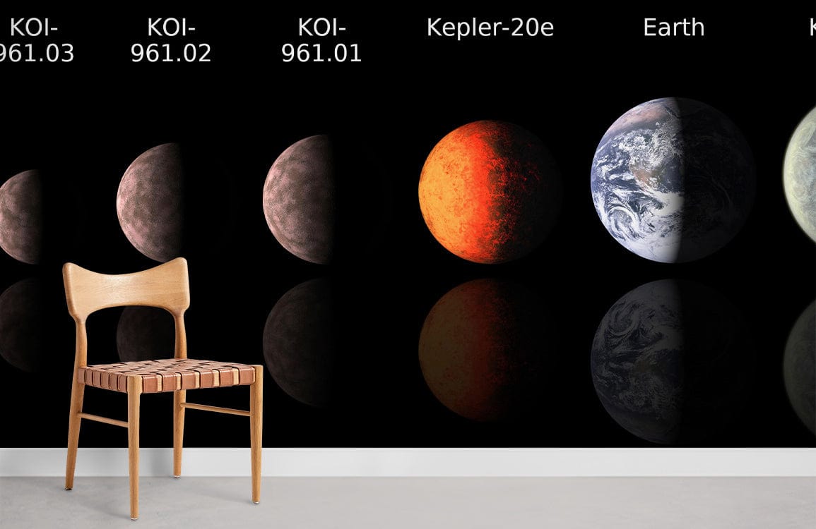 Celestial Planets Mural Wallpaper featuring vibrant cosmic design with wooden chair and grey flooring.