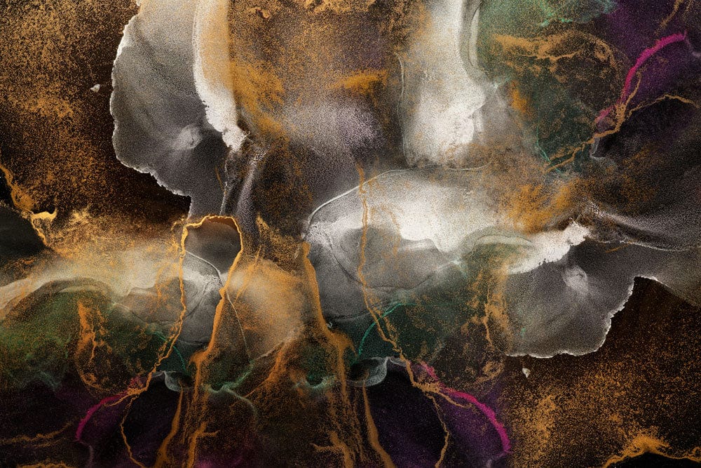 Abstract Dark Marble Mural Wallpaper with Gold and Purple Accents