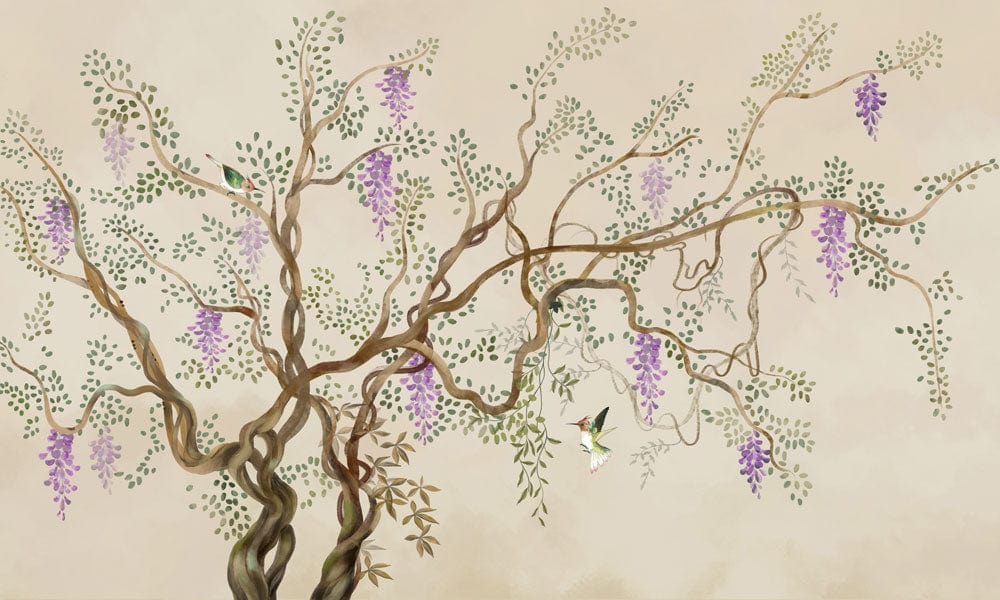 Vintage Botanical Wisteria Mural Wallpaper in Soft Earthy Tones with Birds