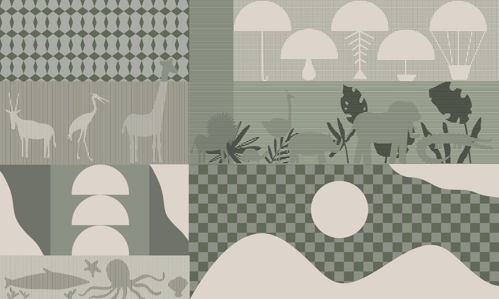 Geometric Safari Sage Green Abstract Wildlife Mural Wallpaper - Modern Design