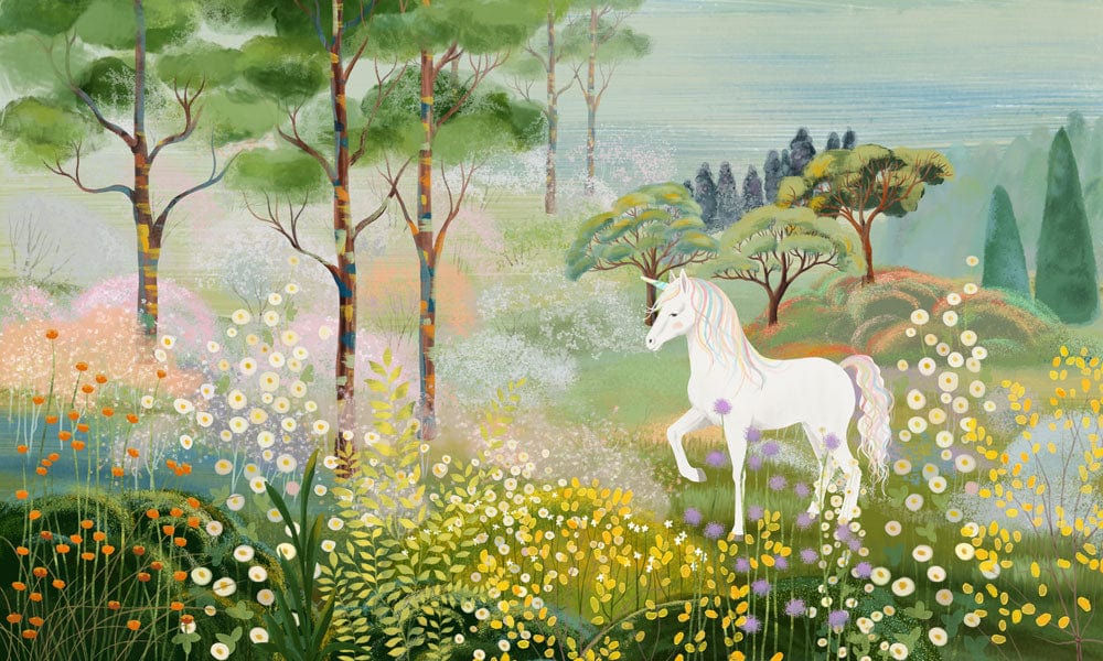 Enchanted Forest Unicorn Mural Wallpaper: Whimsical Pastel Dreamland for Children's Rooms