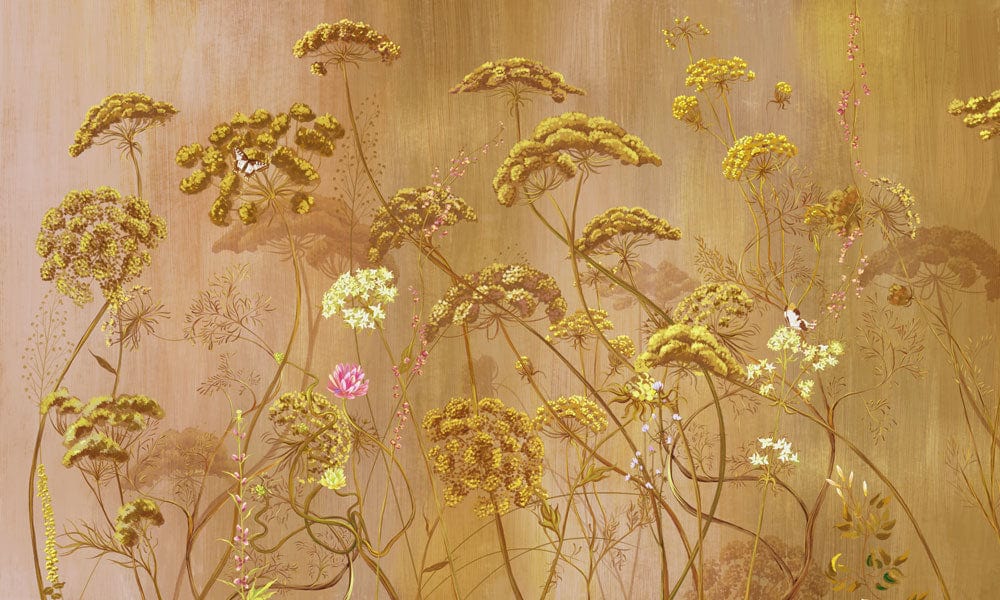 Golden Botanical Meadow Mural Wallpaper with Vintage Floral Elegance Design