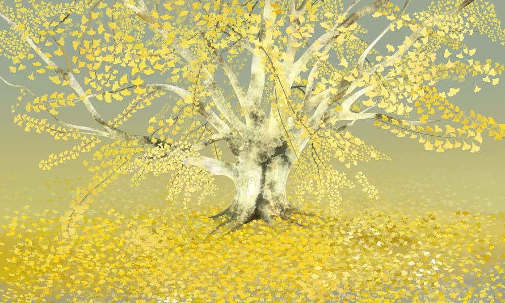 Golden Dreamscape Tree Mural Wallpaper in Tranquil Yellow and Grey Palette