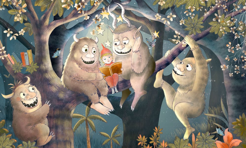 Whimsical Forest Creatures Reading Adventure Children's Mural Wallpaper - Dark Tones