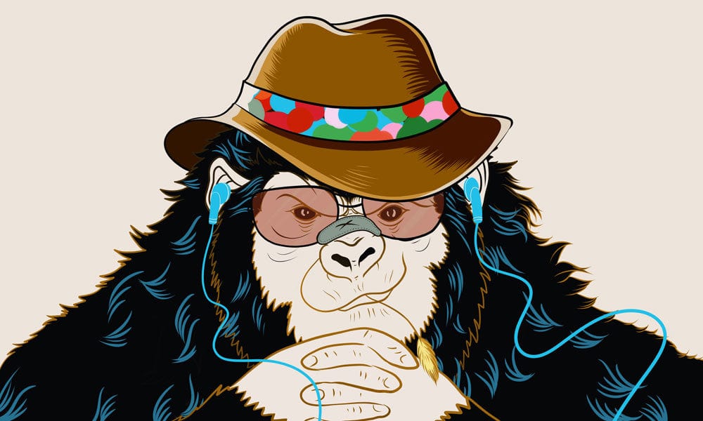 Chic Monkey Hipster Style Mural Wallpaper with Brown Hat and Glasses