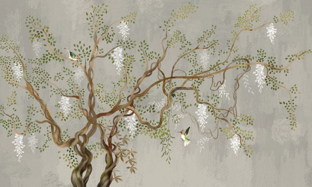 Elegant Botanical Mural Wallpaper with Pastel Green and Nature-Inspired Design