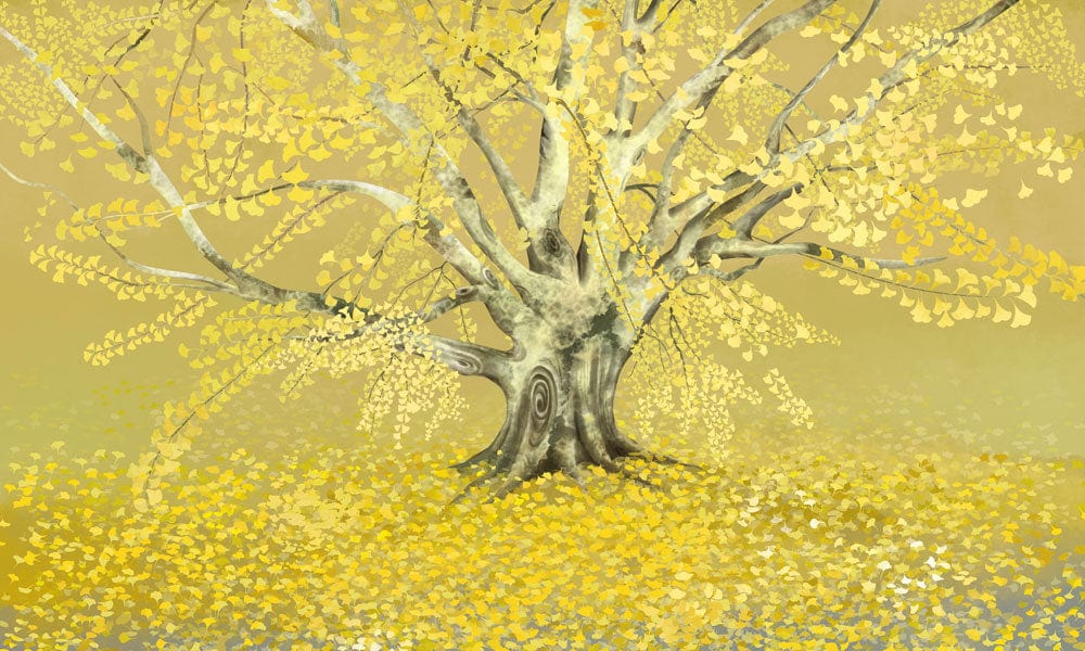 Golden Autumn Tree Mural Wallpaper: Yellow Nature-Inspired Artistic Decor Design