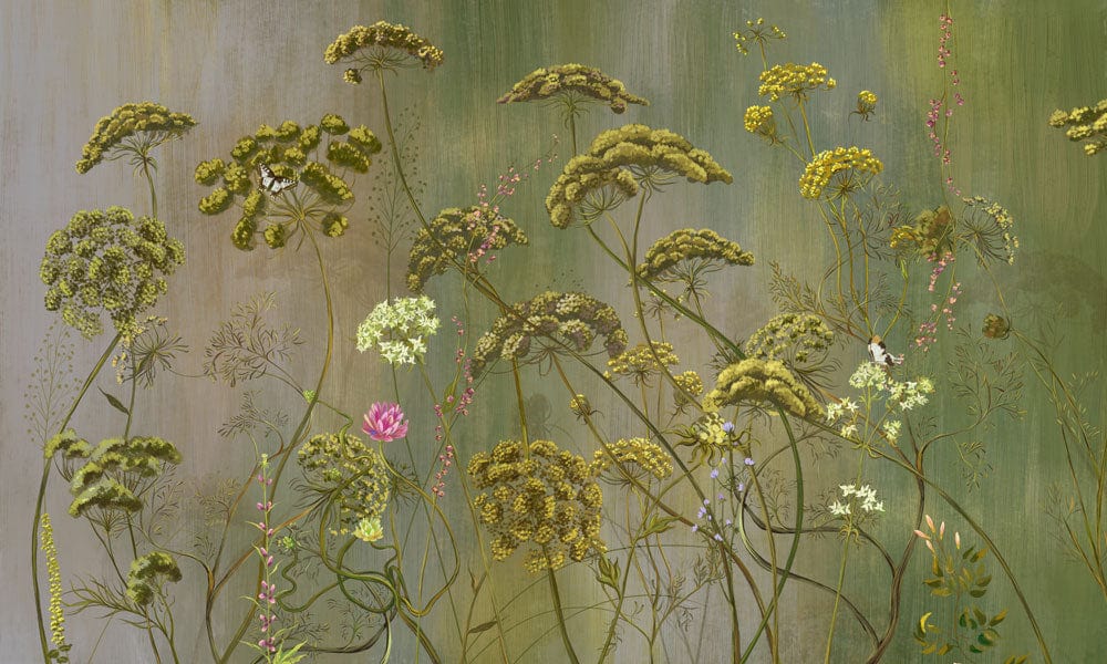 Botanical Garden Green Mural Wallpaper with Wildflowers and Natural Elegance