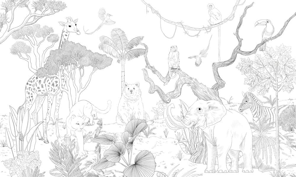 Monochrome Safari Wildlife Mural Wallpaper - Elegant Jungle Animal Sketch Design