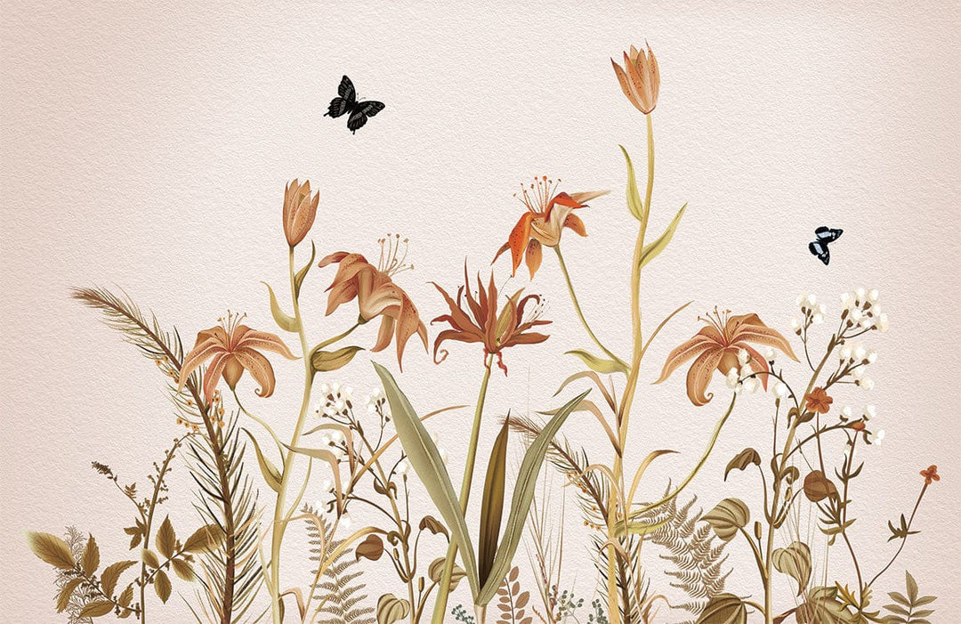Vintage Botanical Flora Mural Wallpaper with Neutral Earthy Tones and Butterflies