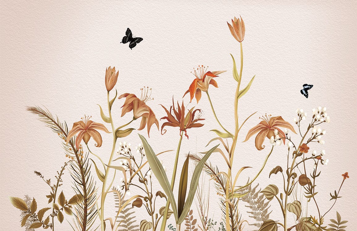 Vintage Botanical Flora Mural Wallpaper with Neutral Earthy Tones and Butterflies