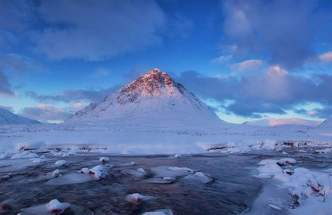 Serene Winter Mountain Landscape Mural Wallpaper in Cool Blue Hues