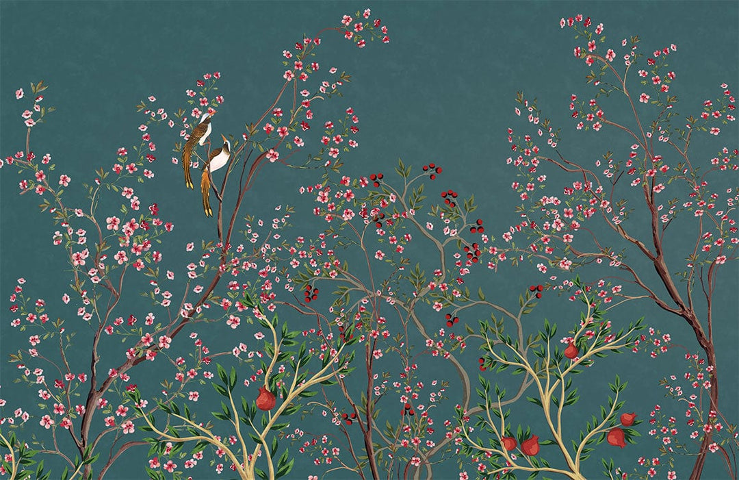 Elegant Teal Floral and Bird Chinoiserie Mural Wallpaper for Living Spaces