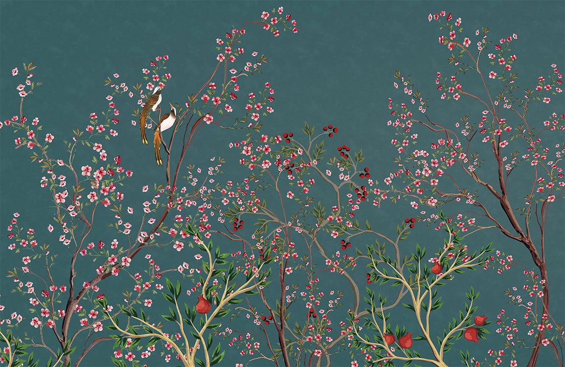 Elegant Teal Floral and Bird Chinoiserie Mural Wallpaper for Living Spaces