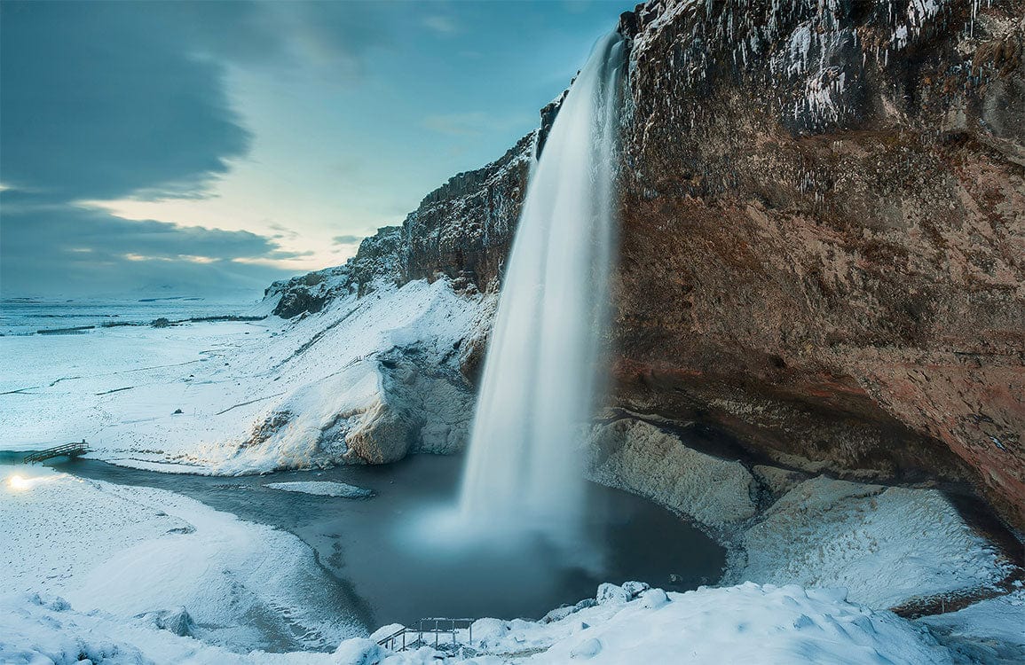 Serene Winter Waterfall Mural Wallpaper - Icy Blue Natural Landscape Design