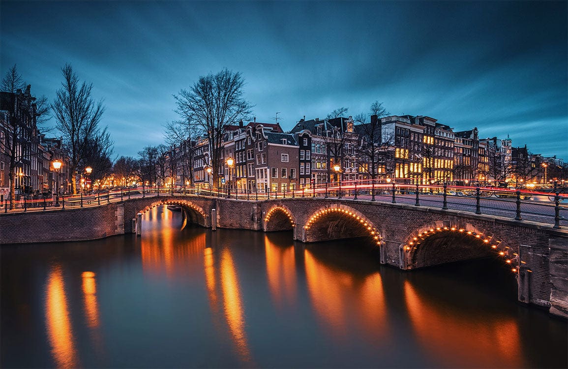 Enchanting Amsterdam Canal Evening Scene Mural Wallpaper - Blue and Warm Lights
