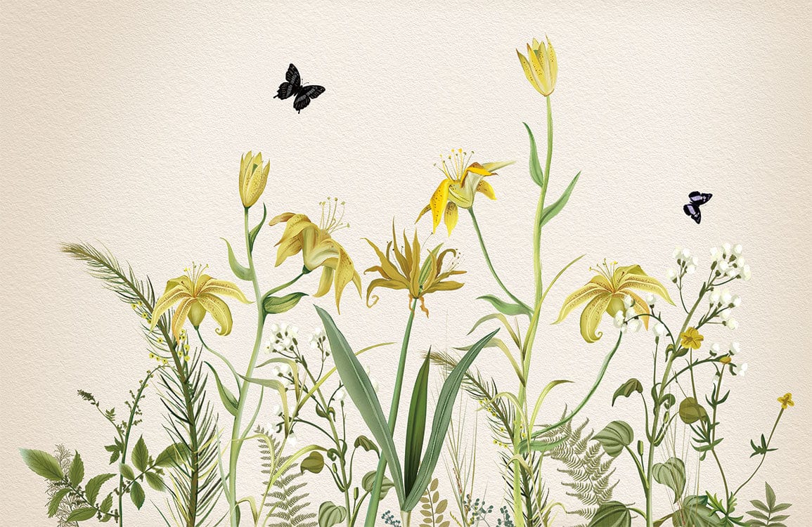 Vintage Botanical Floral Garden Mural Wallpaper in Soft Yellow and Green