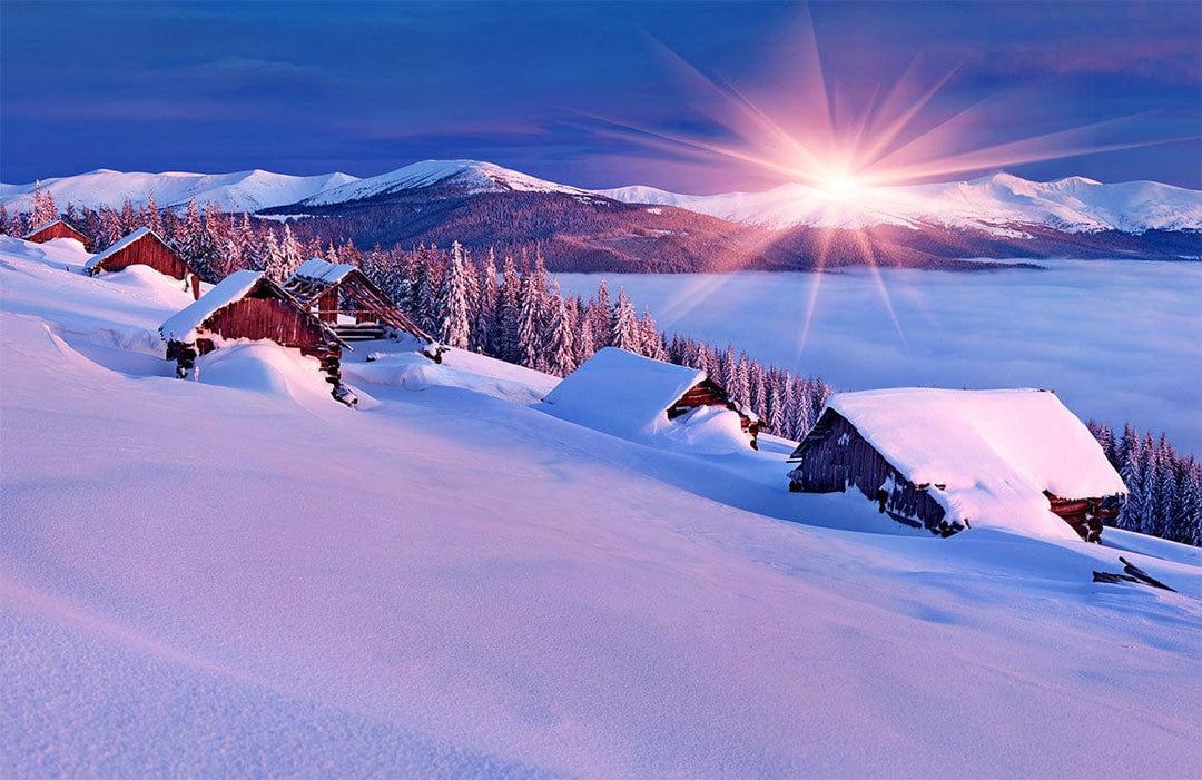 Sunset Alpine Winter Scene Mural Wallpaper in Serene Purple Hues