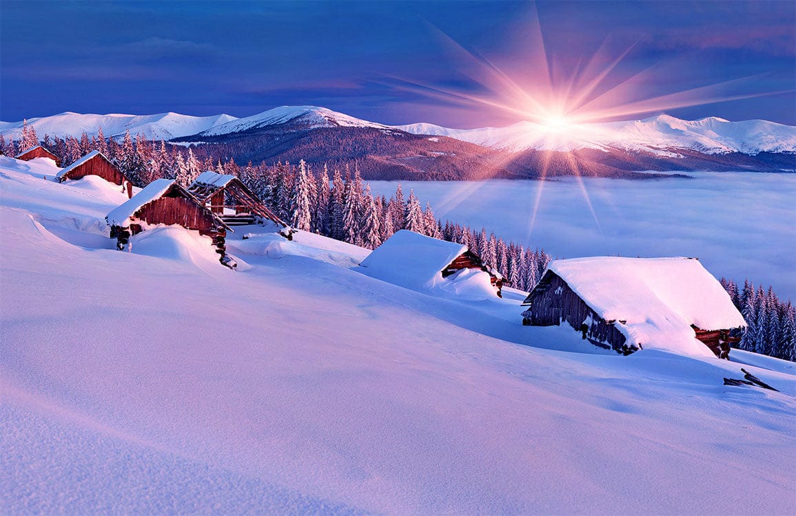 Sunset Alpine Winter Scene Mural Wallpaper in Serene Purple Hues