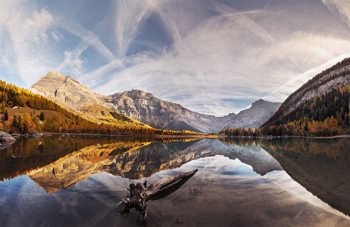 Panoramic Mountain Lake Mural Wallpaper with Autumn Reflection Landscape Design