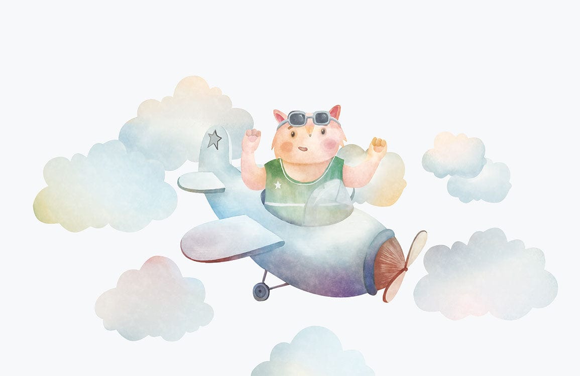 Whimsical Aviator Bear mural wallpaper, pastel watercolour clouds, playful nursery design, childhood dream theme.