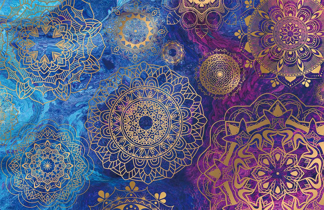 Elegant Mandala Pattern Wallpaper in Gold, Blue and Purple Hues