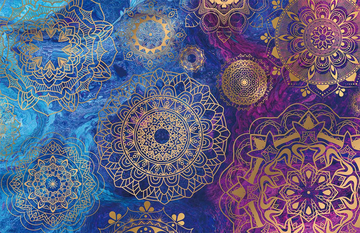 Elegant Mandala Pattern Wallpaper in Gold, Blue and Purple Hues