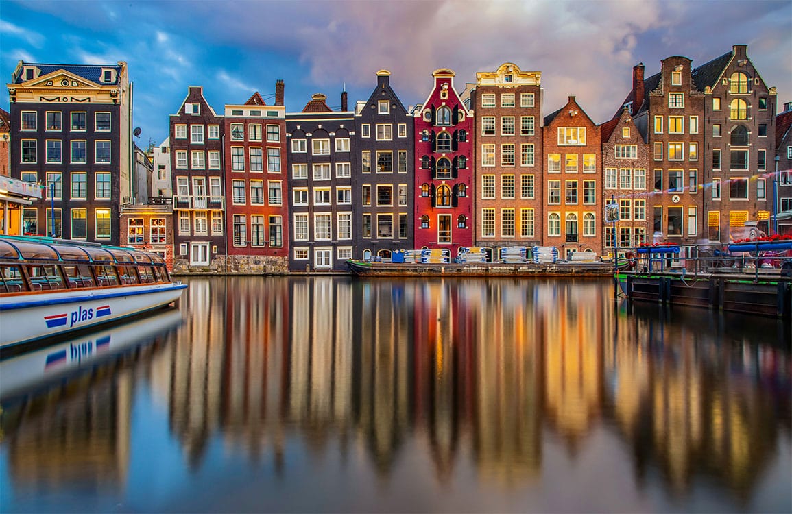 Colourful Amsterdam Canal Houses Mural Wallpaper: Vibrant Dutch Architectural Scene