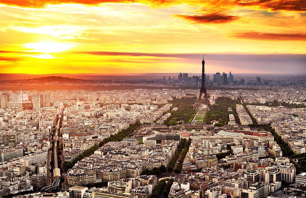 Paris Skyline Sunset Mural Wallpaper: Vibrant Cityscape with Eiffel Tower View