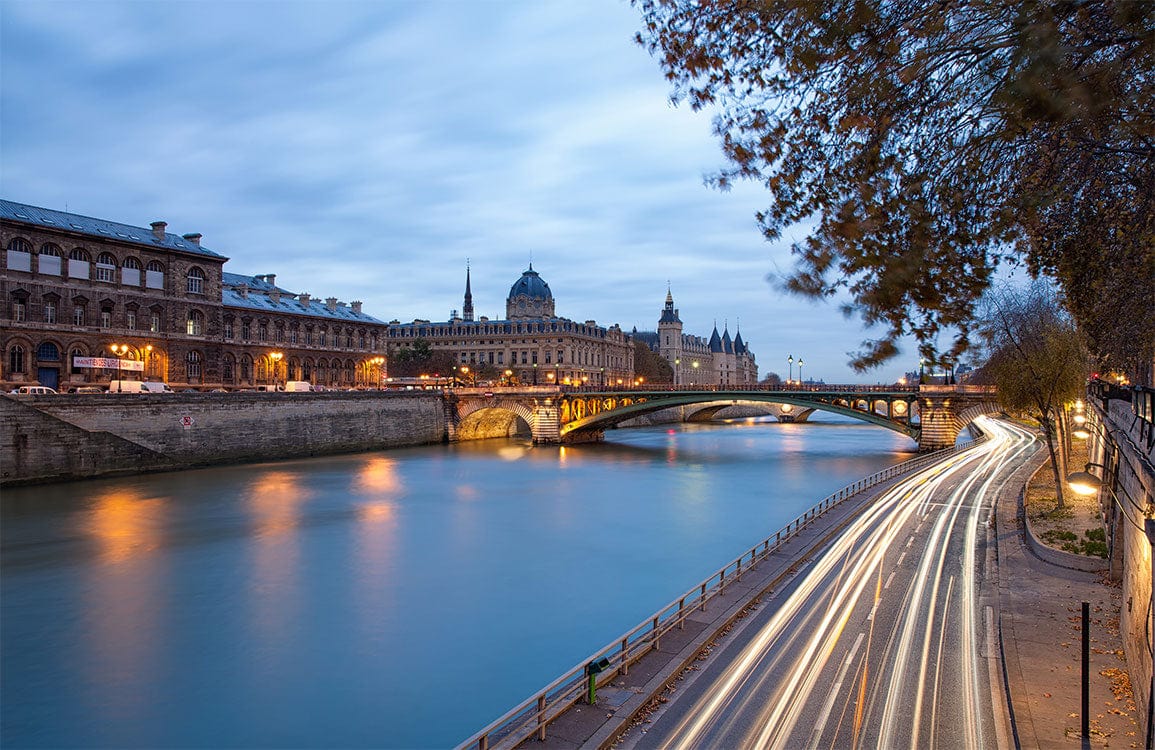 Elegant Paris River Scene Mural Wallpaper in Serene Evening Blues