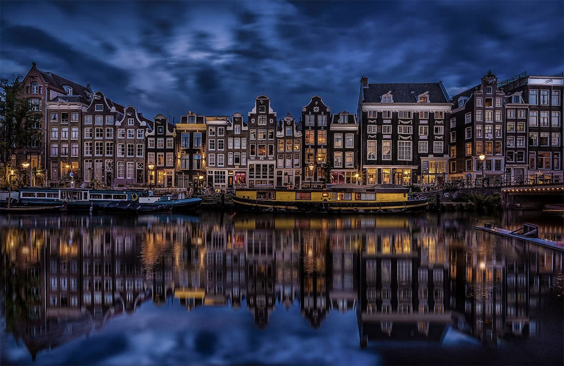 Enchanting Amsterdam Canal Nightscape Mural Wallpaper - Deep Blue Reflections